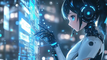 Fototapete - Futuristic robot interacts with digital display