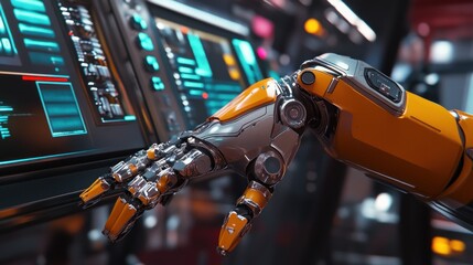 Aufkleber - Futuristic robotic arm interacts with advanced control panel
