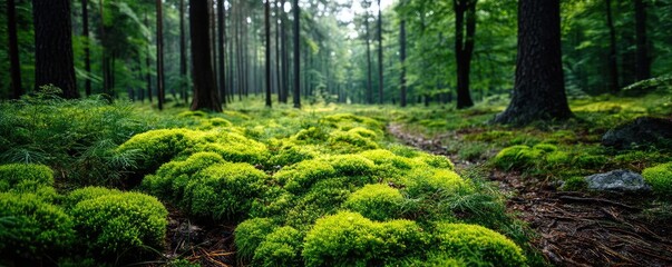 Poster - Green moss between grass and forest with relax mood concept. Lush green moss covering the forest floor in dappled sunlight.