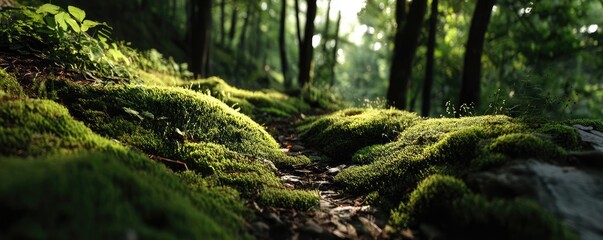 Poster - Green moss between grass and forest with relax mood concept. Lush green moss covering a forest floor in soft morning light.