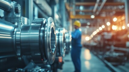 Aufkleber - Industrial machinery in a factory.  A worker in uniform observes the complex metal pipes and equipment