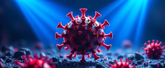 Wall Mural - microscopic virus dissolving under blue energy beams, leaving empty space, light, concept