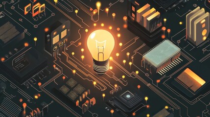 Aufkleber - Innovation through technology.  A lightbulb illuminates a complex circuit board