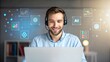 © ole - Young Professional Engaged in Virtual Meeting with Technology Graphics in Background