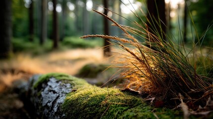 Poster - Green moss between grass and forest with relax mood concept. Close-up view of grass and moss on a forest log in sunlight.
