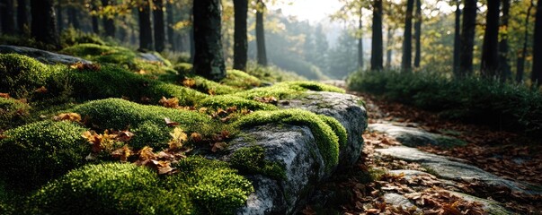 Poster - Green moss between grass and forest with relax mood concept. Tranquil forest scene with moss-covered rocks and soft lighting.