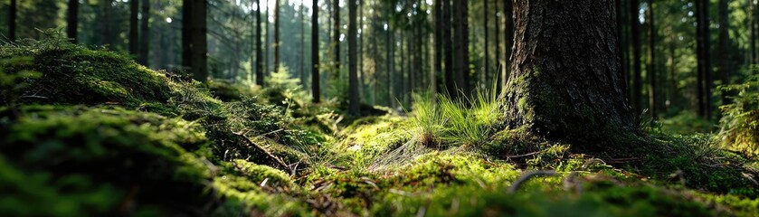 Poster - Green moss in forest with peaceful relax mood concept. Lush forest with sunlight filtering through trees.