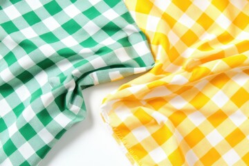 Fototapete - Two checkered cloths, green and yellow, overlapping on white background  Folded fabric, close up