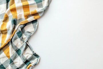 Aufkleber - Checkered cloth draped on a white background  Soft, autumnal colors of teal and mustard yellow create a cozy feel