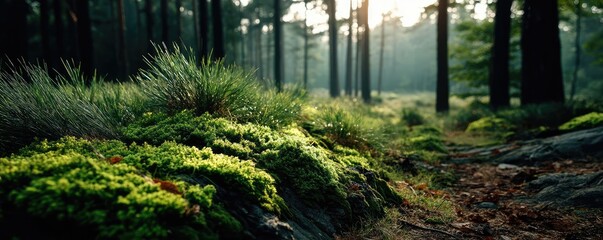 Poster - Green moss between grass and forest with relax mood concept. Lush green forest under natural sunlight with vibrant foliage.