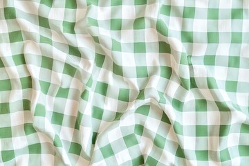Fototapete - Green and white checkered tablecloth, draped and wrinkled  Textured fabric with large squares