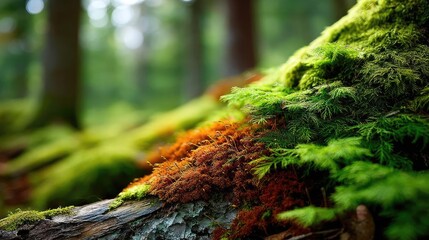 Poster - Green moss under forest light with peaceful mood concept. Vibrant moss covering a forest tree trunk in natural sunlight.