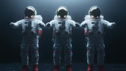 Wall Mural - three astronauts posing side by side, possibly after a space mission or during training exercises