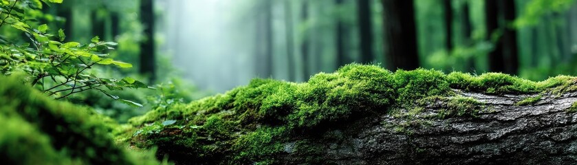 Poster - Green moss between grass and forest with relax mood concept. Lush green forest scene with moss-covered log and soft light.