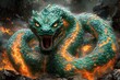 © Sifa - A fierce, teal dragon-like serpent, coiled amidst fiery, volcanic rocks.  Its mouth is open in a threatening roar