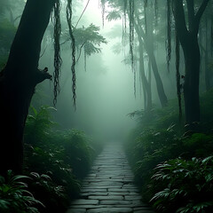 Wall Mural - Dense and foggy jungle walkway scene viewed from above, rich with textures from treetops and hanging vines
