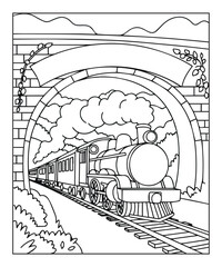 beautiful steam train coloring page for kids, black line art vector illustration on white background