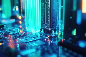 Leinwandbilder - Futuristic computer motherboard with glowing components and intricate circuitry, showcasing technological advancement.