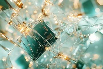 Aufkleber - A microchip encased in shattered glass, illuminated by warm lights, symbolizes technological fragility and innovation.