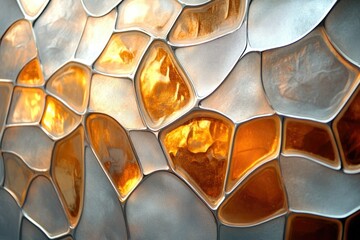 Fototapete - Abstract close-up of a textured glass surface with amber and silver hues, creating a mosaic-like pattern.