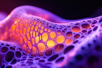 Fototapete - Abstract image of a vibrant, bioluminescent, porous structure with glowing orange and purple hues.