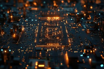 Leinwandbilder - Abstract close-up of a glowing circuit board, showcasing intricate technological details and illuminated pathways.