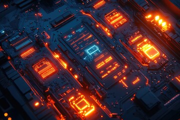 Leinwandbilder - Close-up view of a futuristic circuit board with glowing orange components, showcasing intricate technological details.