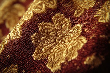 Aufkleber - Close-up of richly textured fabric with maroon and gold floral pattern, exhibiting intricate embroidery details.