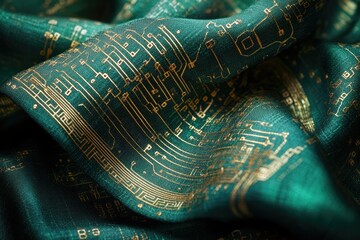Aufkleber - Teal fabric with gold circuit board pattern, luxurious and technological textile.