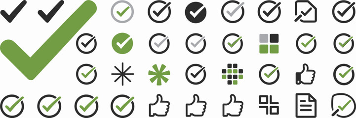 Vector icon sheet with various approved ticks, checkmarks, and thumbs up – Ideal for UI design, digital applications, or task management software.