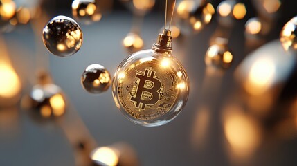 Poster - Conceptual image of cryptocurrency and blockchain, with Bitcoin surrounded by luminous orbs and nodes