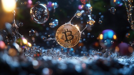 Poster - Conceptual image of cryptocurrency and blockchain, with Bitcoin surrounded by luminous orbs and nodes