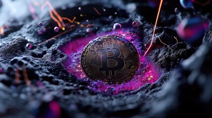 Poster - Abstract glowing Bitcoin in a data-driven blockchain grid with neon lines and pulsing tech lights