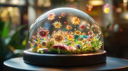 Poster - A glowing dome-shaped device displays floating microscopic viruses, symbolizing scientific breakthroughs in virology