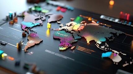 Poster - A glowing digital world map overlaid with financial graphs and data points, symbolizing global finance and technology