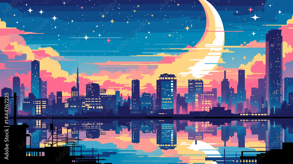 幻想的なネオンカラーで描かれた近未来都市の星空イラスト｜三日月と