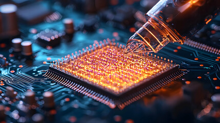 Wall Mural - this image showcases a close-up of a glowing cpu on a circuit board. it could be used to visualize t