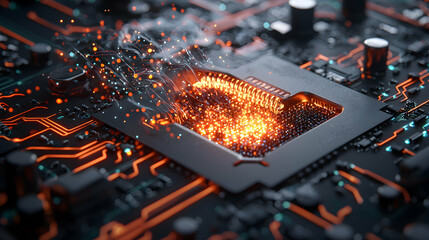 Wall Mural - an illuminated circuit board displays a glowing cpu core. could be used to represent data processing