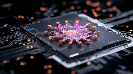Wall Mural - a futuristic close-up of a circuit board with a vibrant central design depicting digital technology.