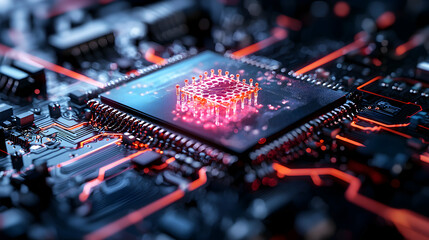 Wall Mural - a close-up shot of a computer processor. glowing red and blue colors highlight the intricate circuit