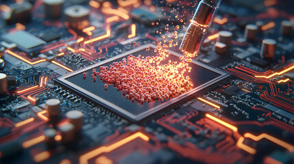 Wall Mural - an artistic rendering of a microchip with glowing elements and a component dispensing particles. it 