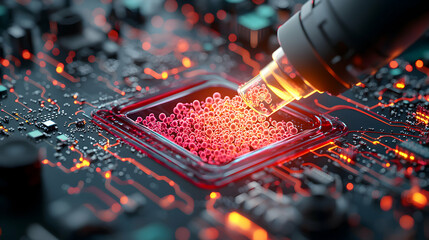 Wall Mural - a futuristic image of a circuit board with a device adding glowing spheres. it evokes cutting-edge t