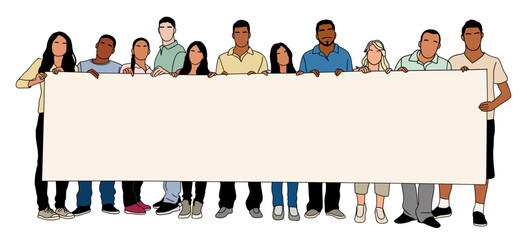 Group of business people holding blank banner, team with empty billboard. Happy men, women with empty placard shown, presenting, demonstrating advertisement. Vector hand drawn colored sketch isolated