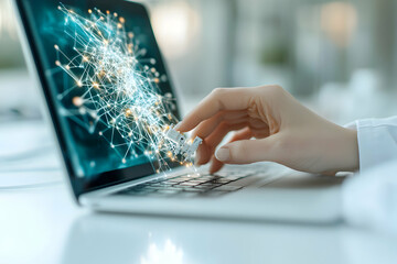 Wall Mural - a person interacts with a laptop displaying a digital network. this could represent data analysis or