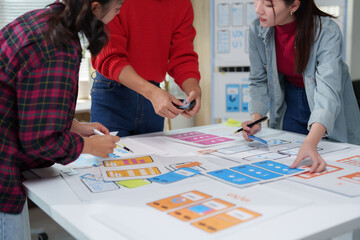 Wall Mural - web designers are collaborating on user experience design for a mobile app, meticulously arranging w