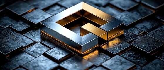 Abstract 3D metallic design. Interlocking geometric shapes create a complex pattern