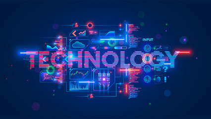 Leinwandbilder - Information Technology Concept. Futuristic Digital word technology with computers tech icons, graphs data, code program. Technology and Science background vector Illustration. Retro futurism.