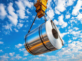 Crane lifting large steel coil under bright blue sky