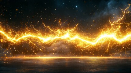 Wall Mural - The picture shows a black and yellow background with a great deal of yellow lightning in the center, or a black backdrop featuring a rich abundance of yellow lightning in the focal point, abundance