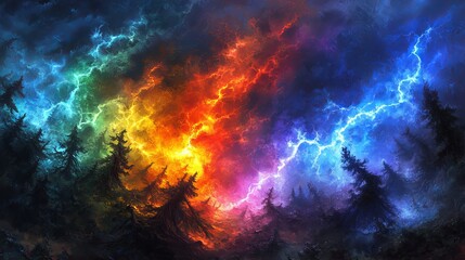 Wall Mural - a dark forest is the setting for an illustration titled psychedelic roots, where neon lights in a ra